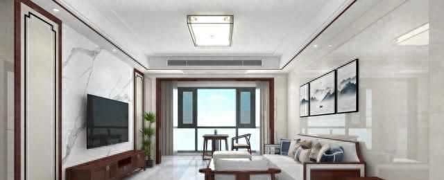 110㎡新中式装修，胡桃木客厅配瓷砖，尽显大方格调