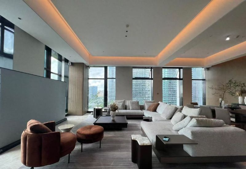 胡桃木+奶灰白极简大平层，整家定制演绎高级格调