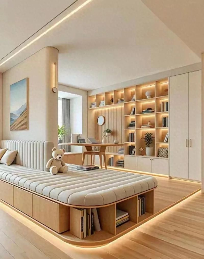 奶油原木风次卧变身开放式书房，颜值与实用并存